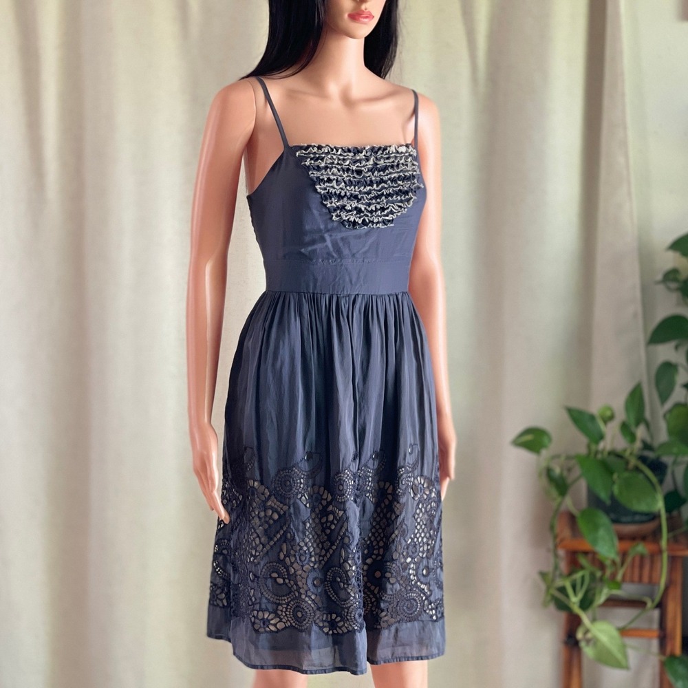 Burlapp Anthropologie Eyelet Islands Dress Gray Cotton Silk Ruffle Midi Dress 8
